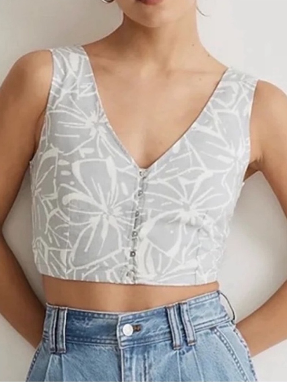 Madewell 12 Top Linen-Blend Gwen Crop Vest Top in Abstract Flora cool fog NWT